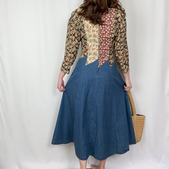Stunning Vintage Cottagecore Patchwork Quilted Denim Midi Maxi Dress 70s 80s 90s - Picture 6 of 11